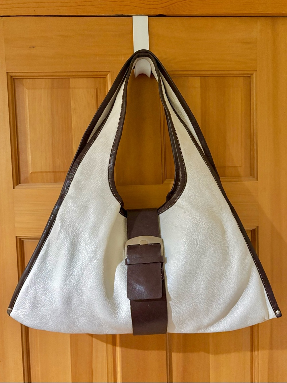 Sophia Visconti Two-Tone White and Brown Leather Hobo